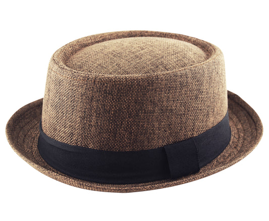 Jute Hessian Pork Pie Hat in Brown
