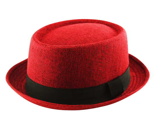 Jute Hessian Pork Pie Hat in Burgundy