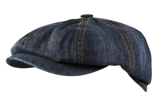 Denim 8 Panel Flat Cap Hat Baker Boy Newsboy in Washed Blue