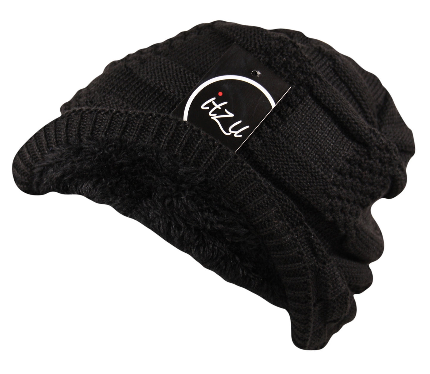 Unisex Waffle Knit Slouch Wool Beanie Hat Mix Fleece Lined in Black