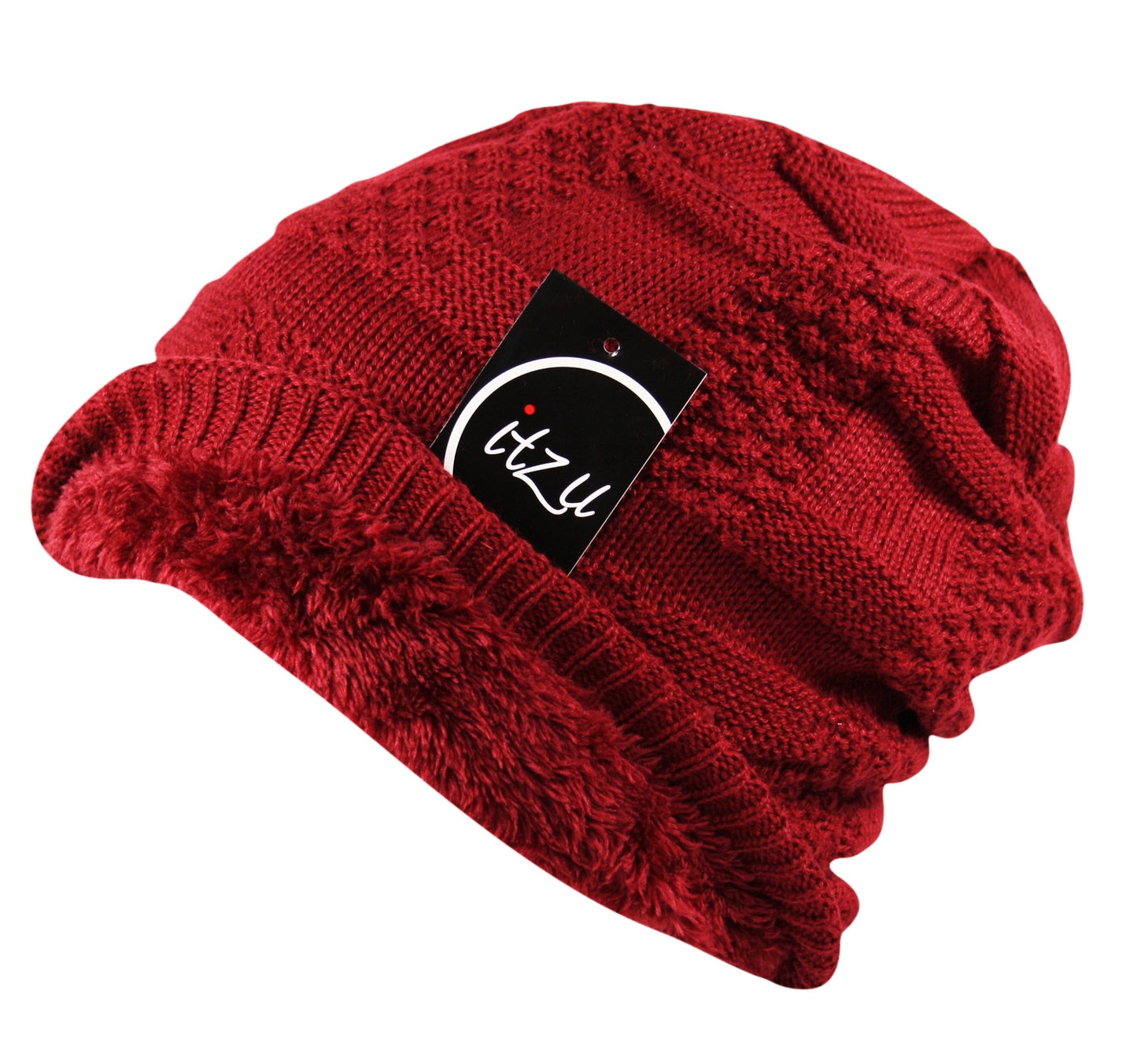 Unisex Waffle Knit Slouch Wool Beanie Hat Mix Fleece Lined in Burgundy