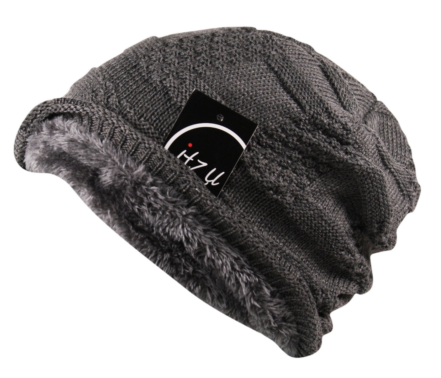 Unisex Waffle Knit Slouch Wool Beanie Hat Mix Fleece Lined in Grey