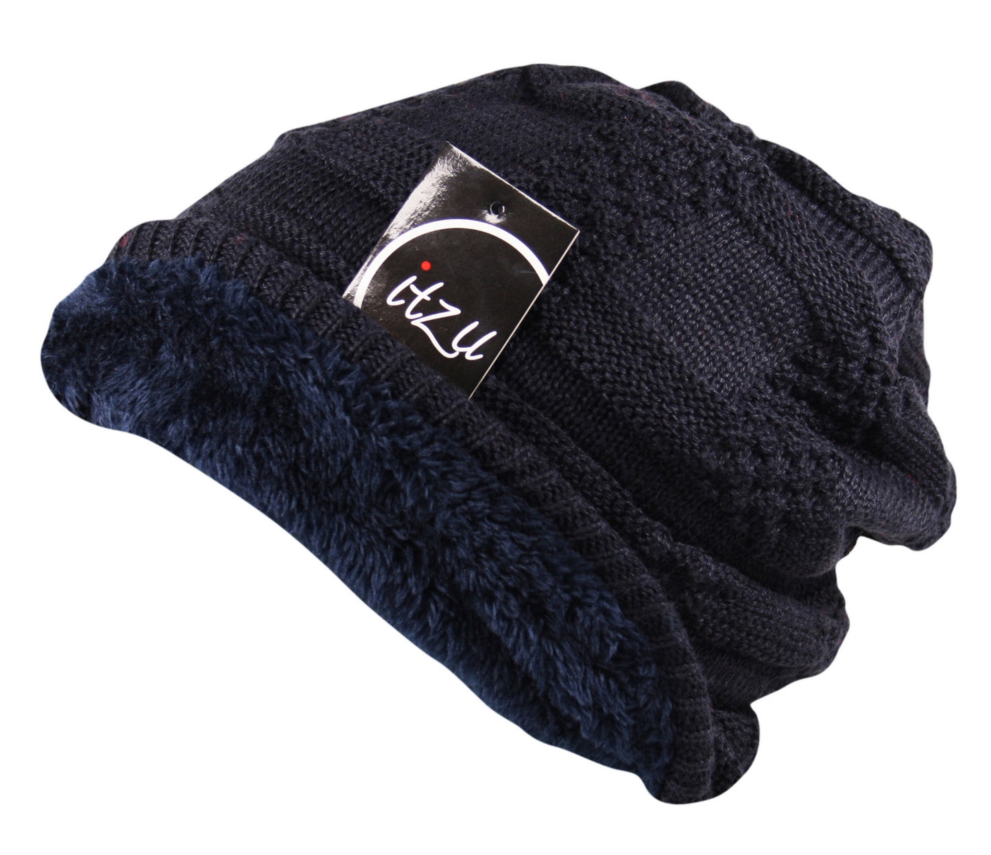 Unisex Waffle Knit Slouch Wool Beanie Hat Mix Fleece Lined in Navy