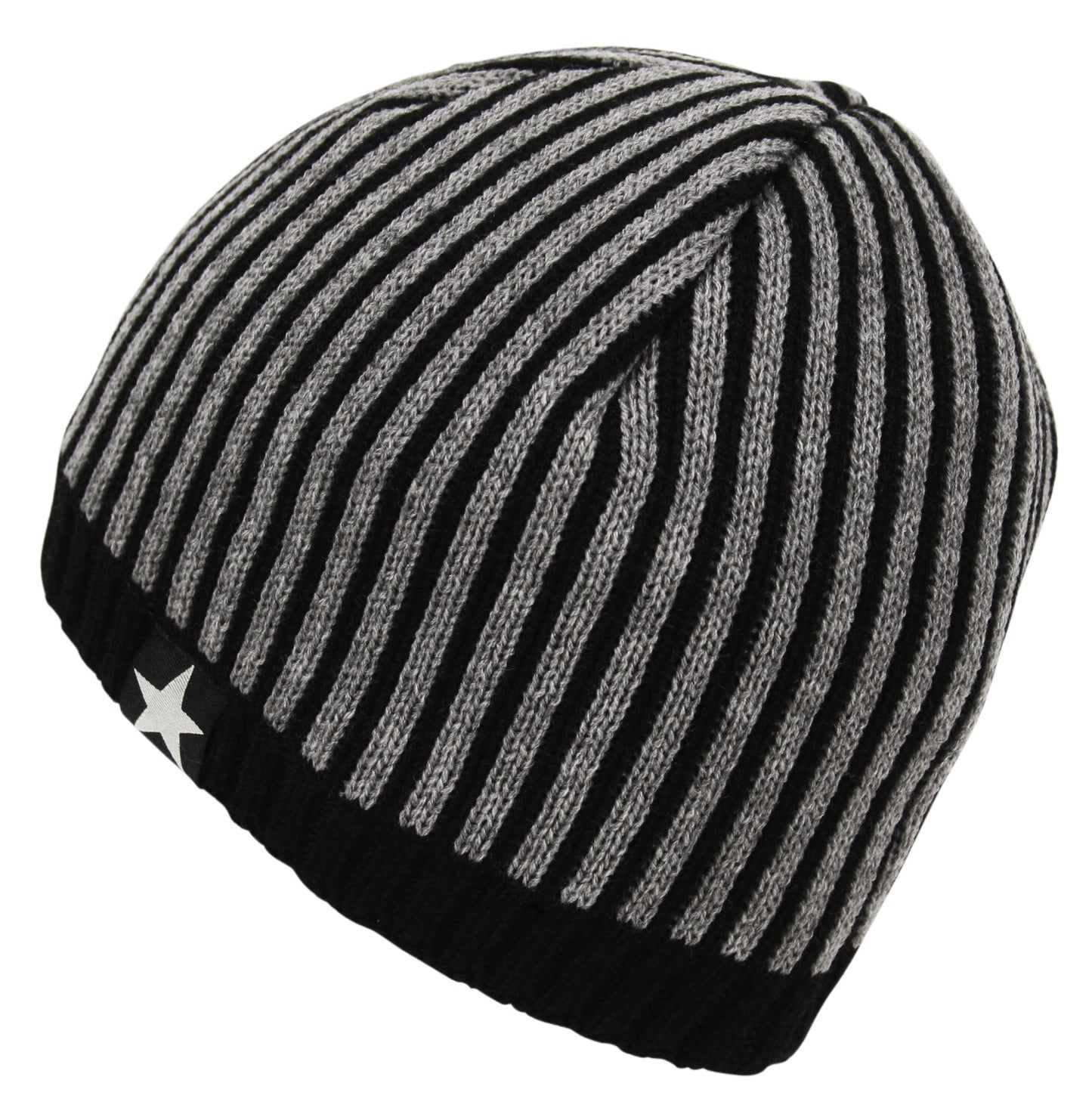 Striped Fleece Star Chunky Knit Beanie Hat in Black Light Grey