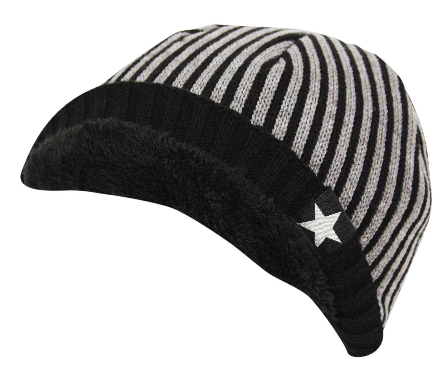 Striped Fleece Star Chunky Knit Beanie Hat in Black Light Grey