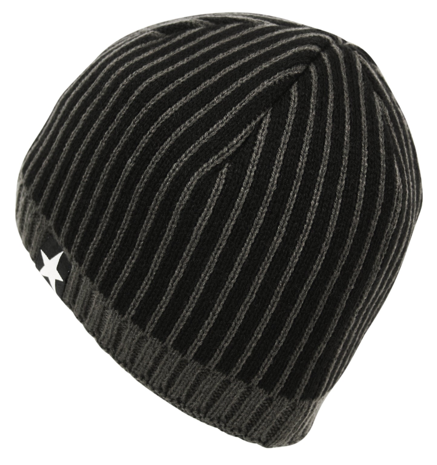 Striped Fleece Star Chunky Knit Beanie Hat in Charcoal Black