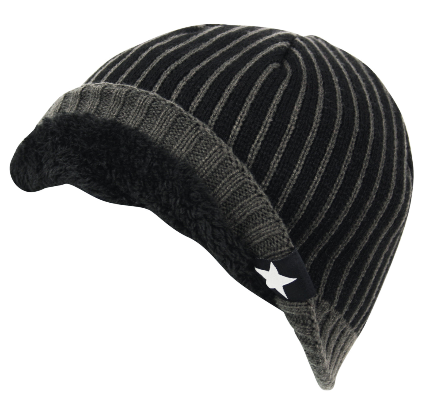 Striped Fleece Star Chunky Knit Beanie Hat in Charcoal Black