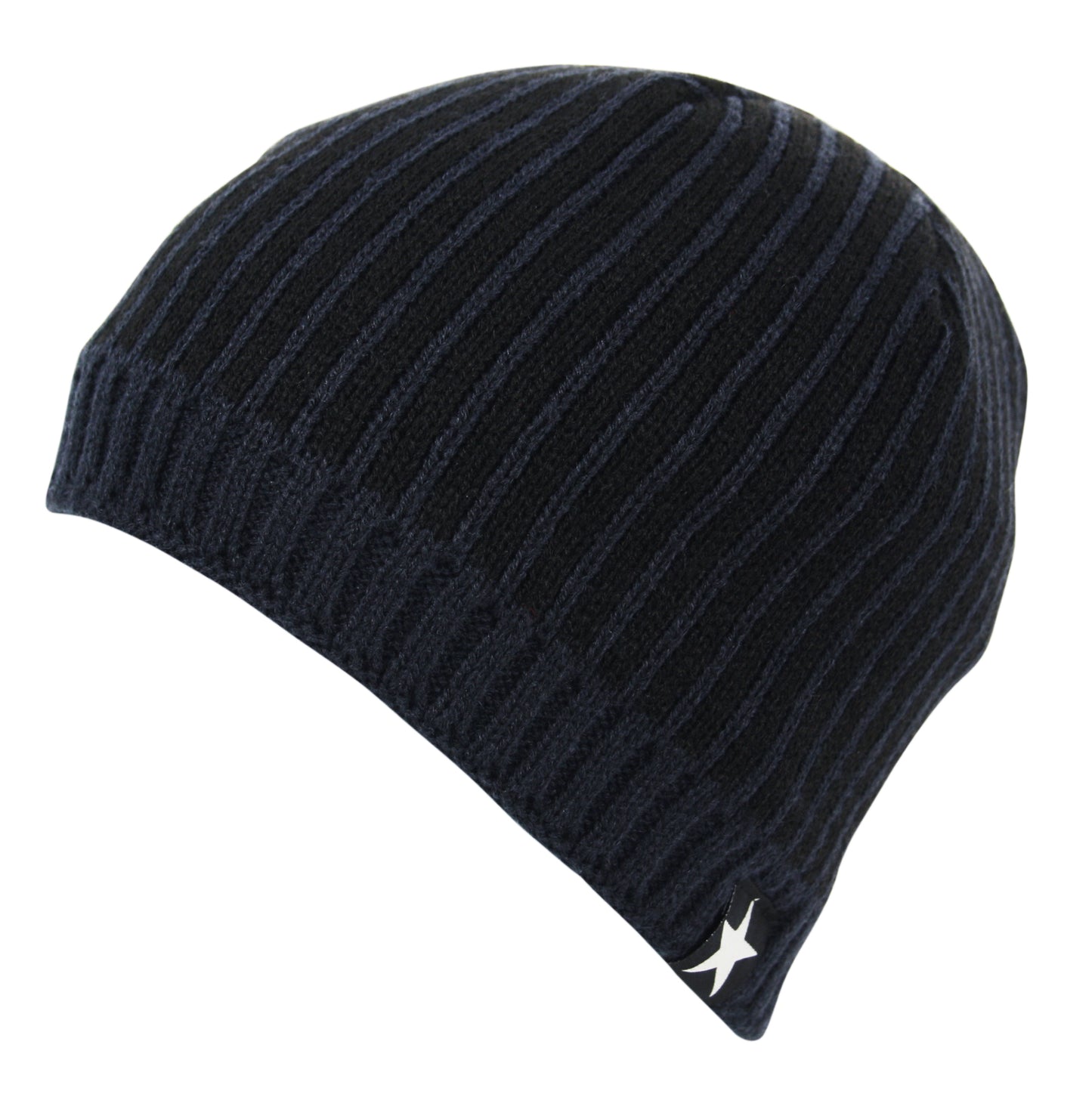Striped Fleece Star Chunky Knit Beanie Hat in Navy Black