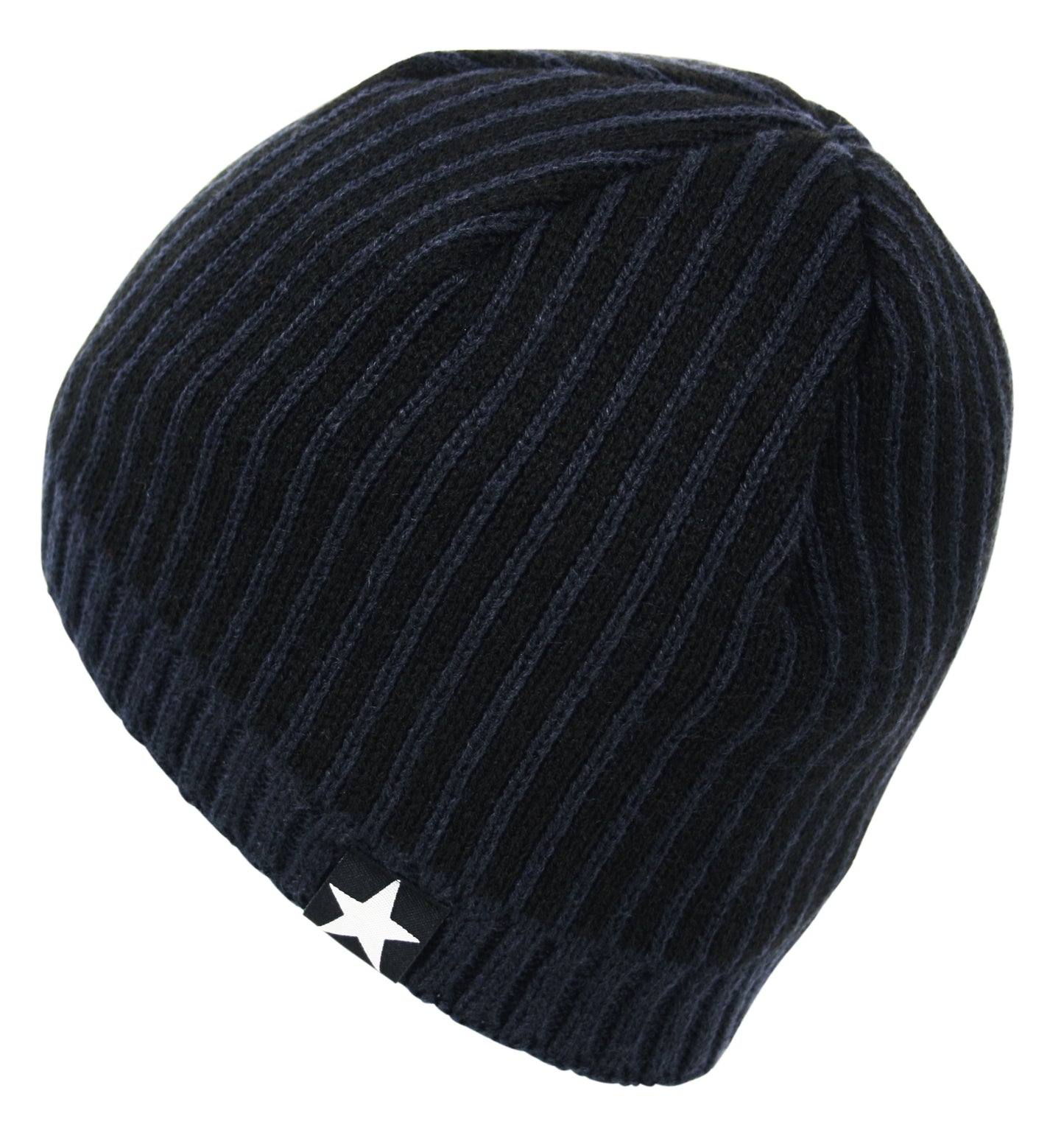 Striped Fleece Star Chunky Knit Beanie Hat in Navy Black