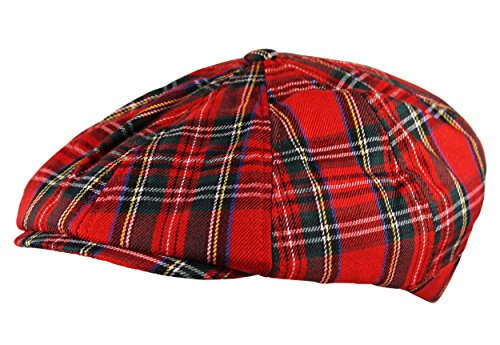Tartan Check 8 Panel Newsboy Flat Cap Hat in Red