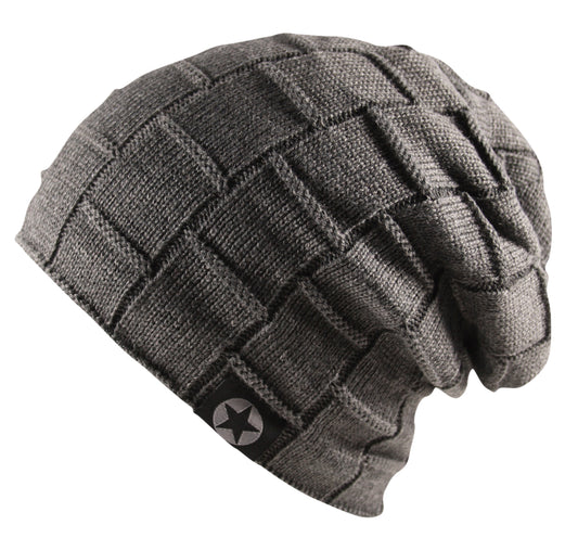 Unisex Cable Knit Textured Slouch Beanie Hat Ski Fleece Lined Wool Grey