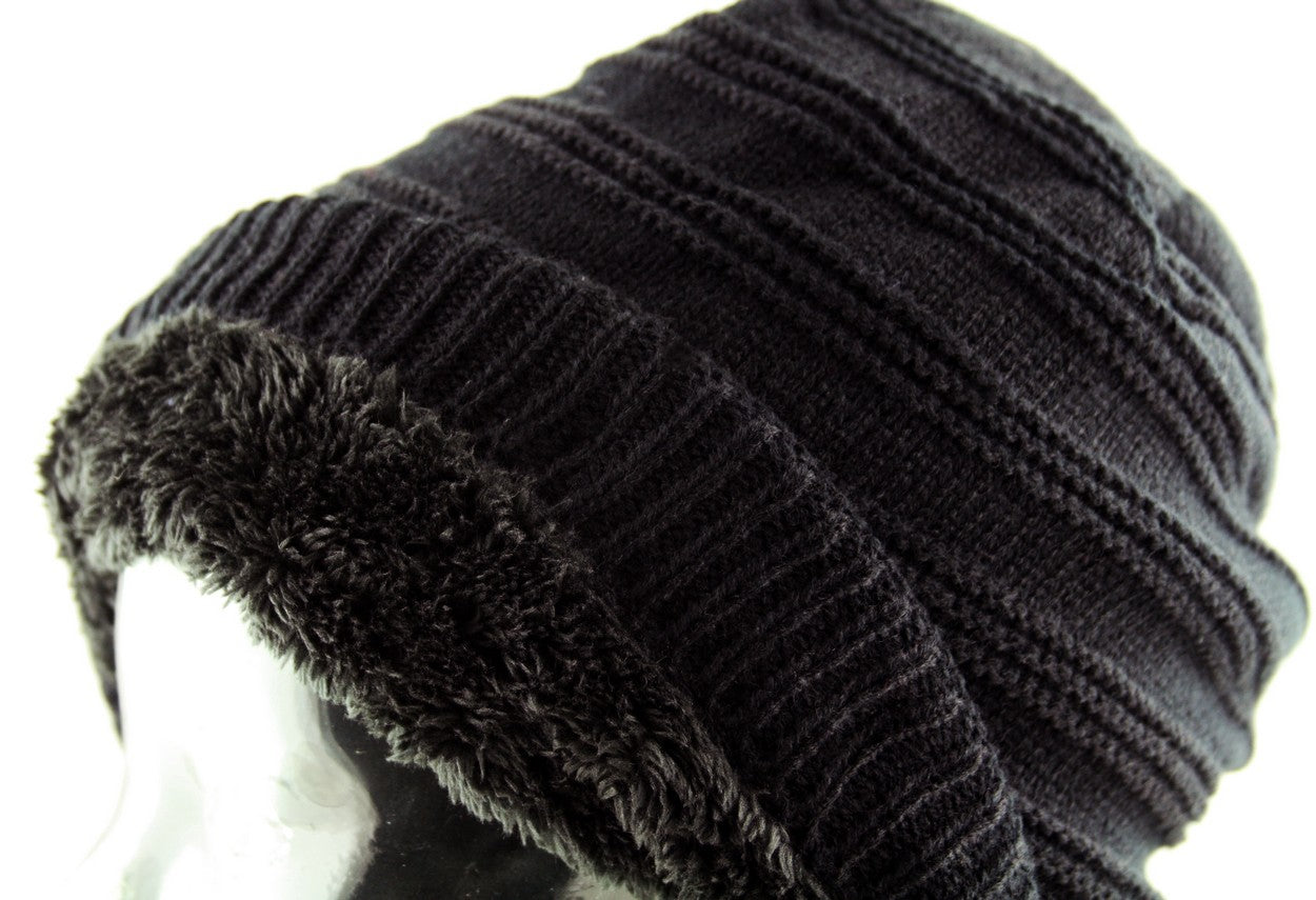 Ribbed Knit Beanie Hat Cap Faux Fur Warm Wool Rich Black