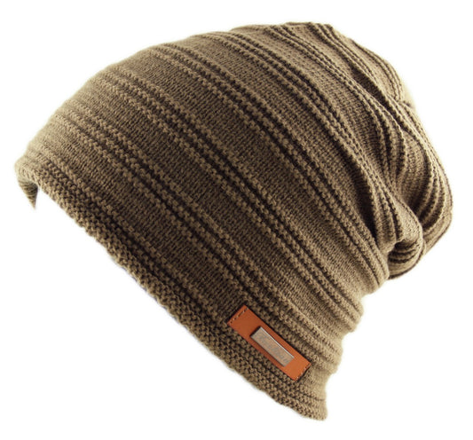 Ribbed Knit Beanie Hat Cap Faux Fur Warm Wool Rich Brown