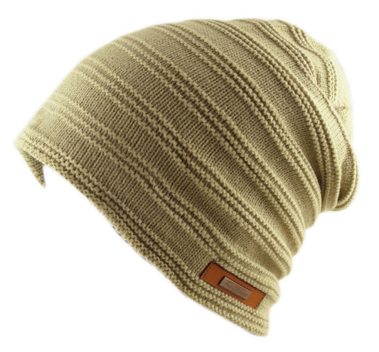 Ribbed Knit Beanie Hat Cap Faux Fur Warm Wool Rich Beige
