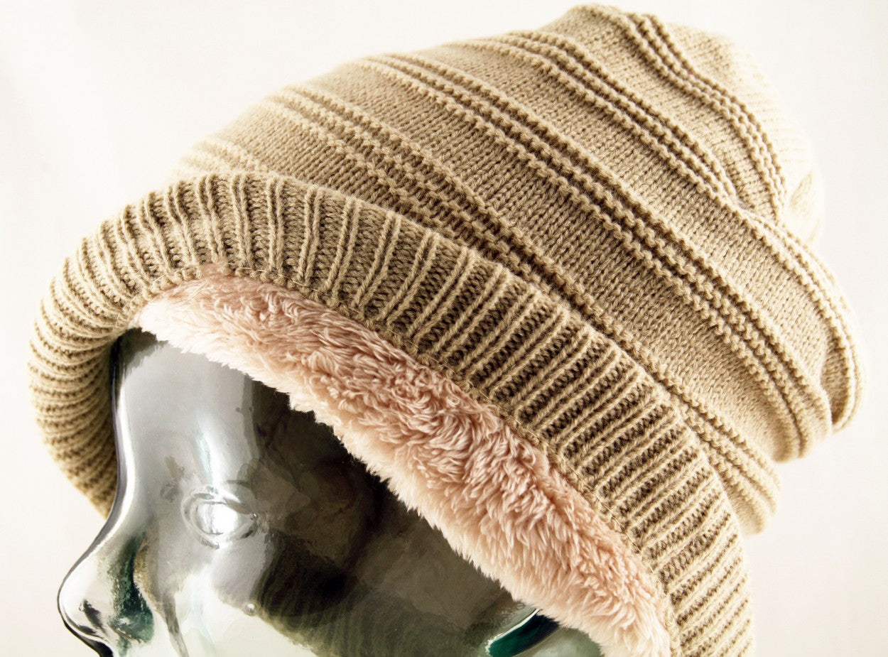 Ribbed Knit Beanie Hat Cap Faux Fur Warm Wool Rich Beige