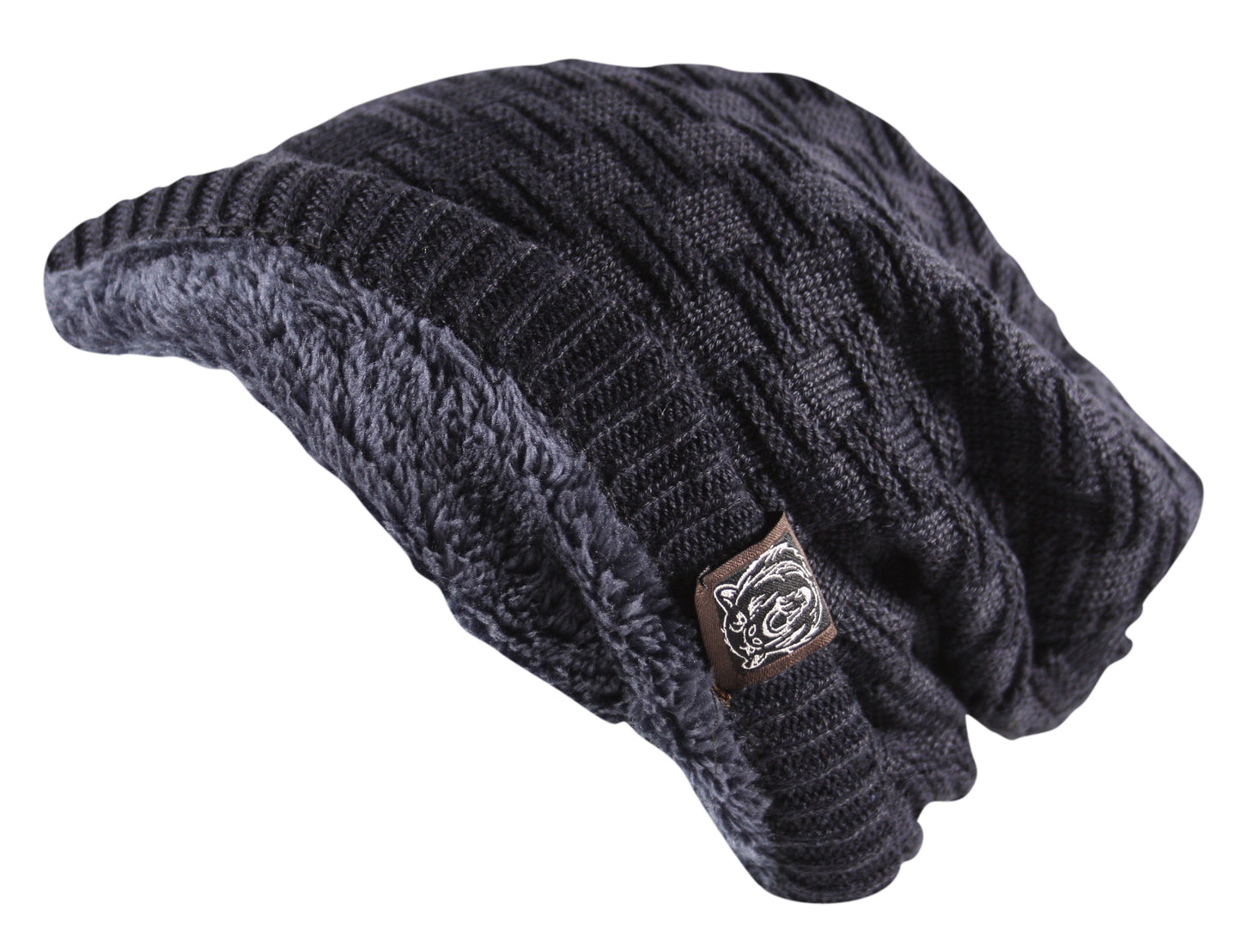 Unisex Cable Knit Textured Slouch Beanie Hat Ski Fleece Lined Wool Blue