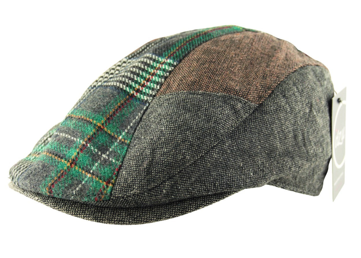 Mens Cotton Check Tweed Houndstooth Flat Cap Golf Baker Boy in Grey and Green