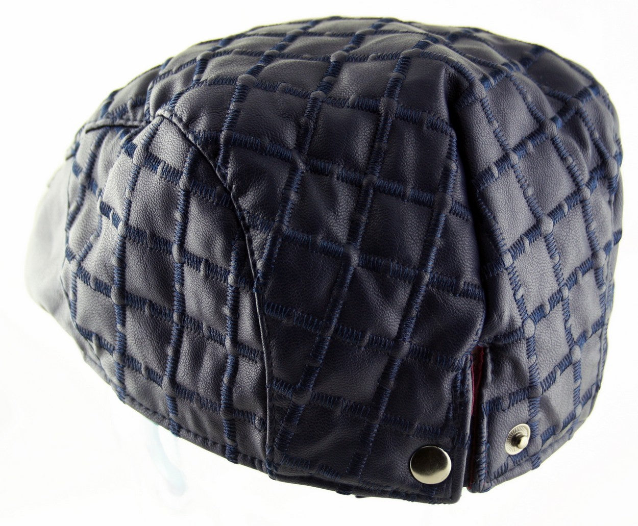 Quilted Diagonal Check Faux Leather Flat Cap Hat in Navy