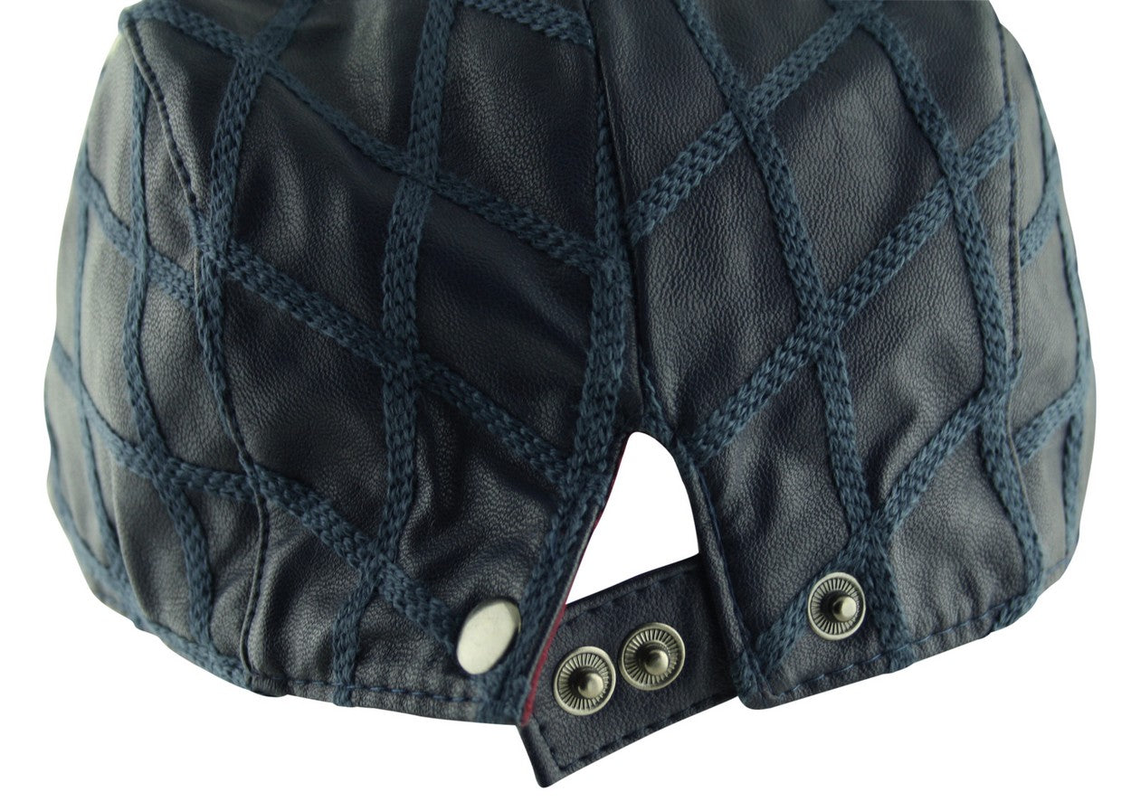 Quilted Diagonal Check Faux Leather Flat Cap in Navy