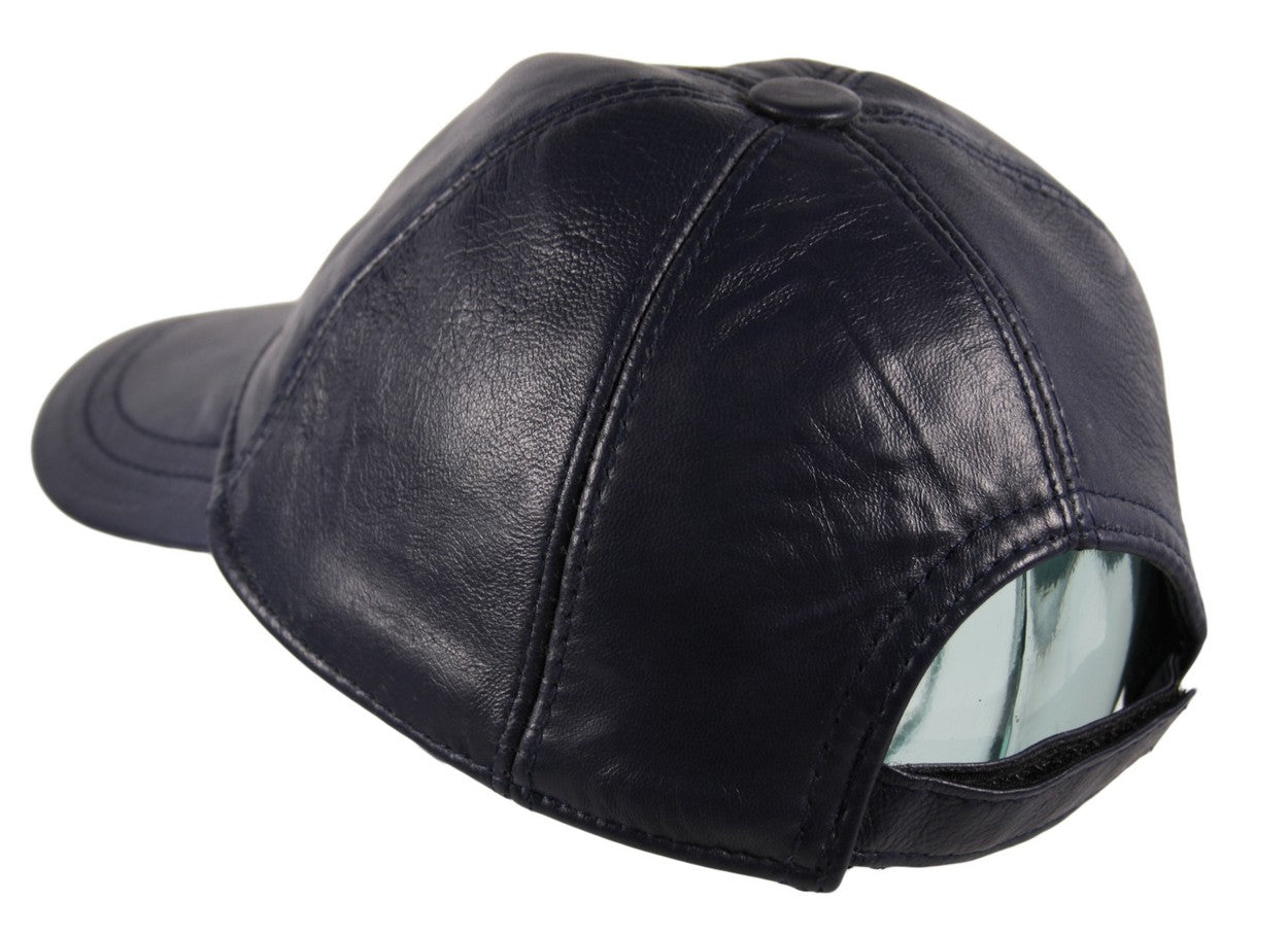 Genuine Leather Precurved Baseball Cap in Navy