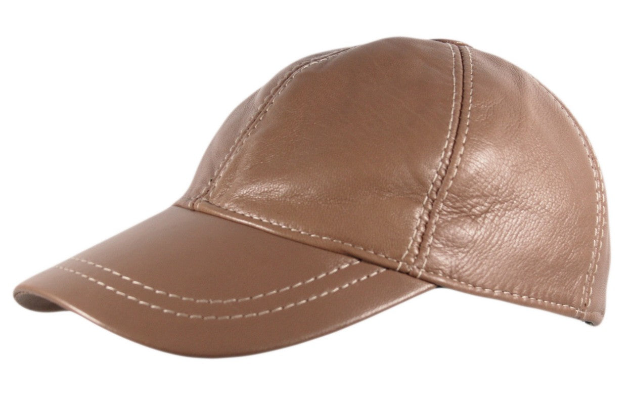 Genuine Leather Precurved Baseball Cap in Taupe