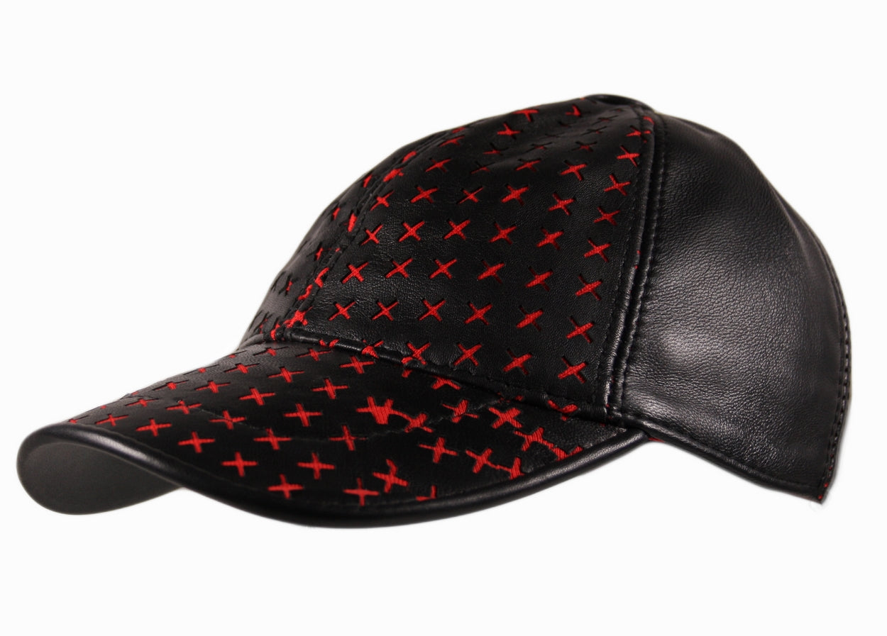 Genuine Leather Precurved Baseball Cap in Black Red