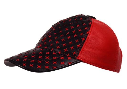 Genuine Leather Precurved Baseball Cap in Red