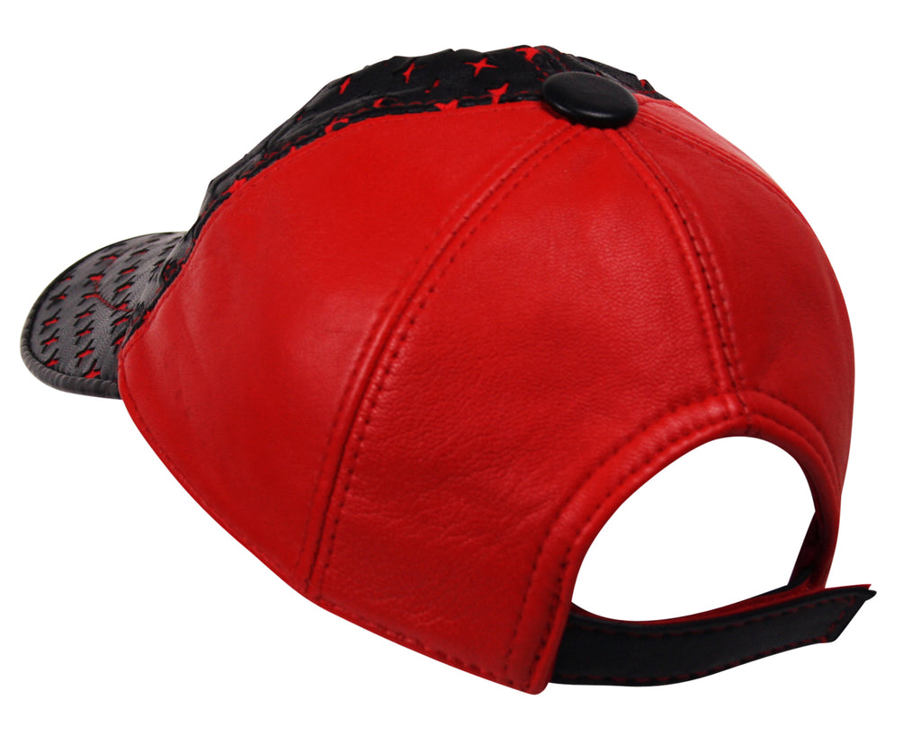 Genuine Leather Precurved Baseball Cap in Red