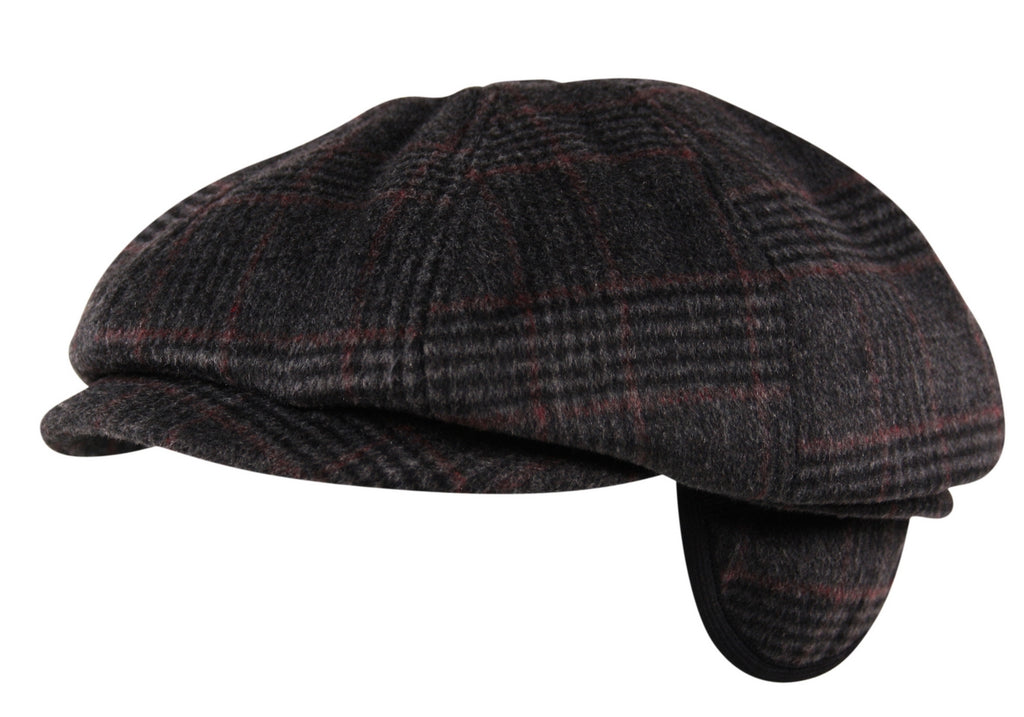 Brushed Wool Flannel 8 Panel Flat Cap Hat Ear Flap Baker Boy Tweed Check Charcoal