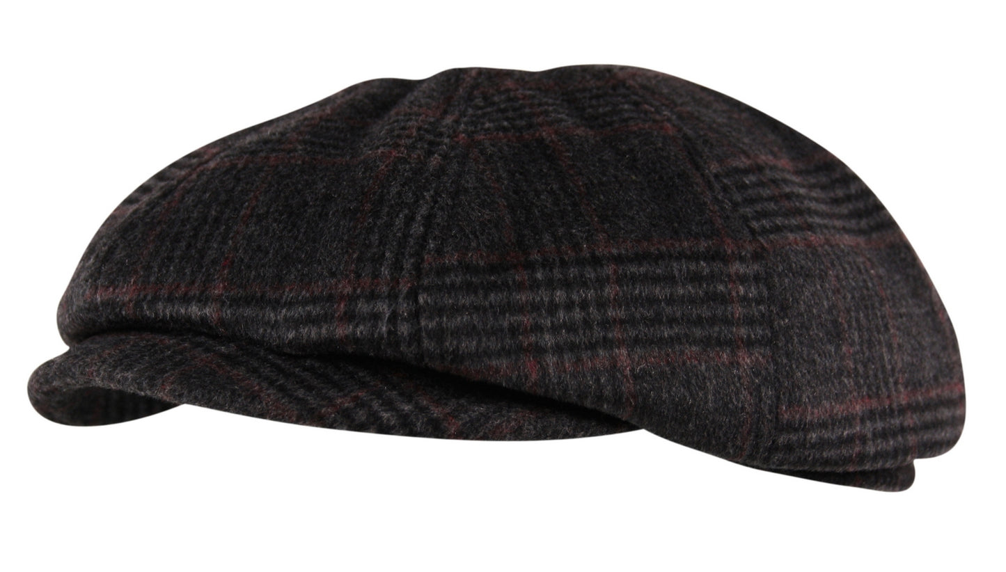 Brushed Wool Flannel 8 Panel Flat Cap Hat Ear Flap Baker Boy Tweed Check Charcoal