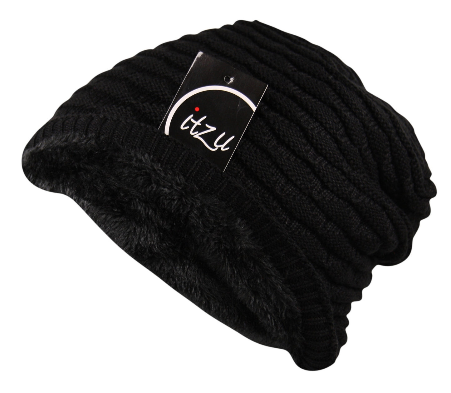 Unisex Knit Slouch Beanie Ribbed Hat in Black
