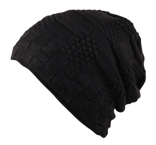 Unisex Waffle Knit Slouch Wool Beanie Hat Mix Fleece Lined in Black