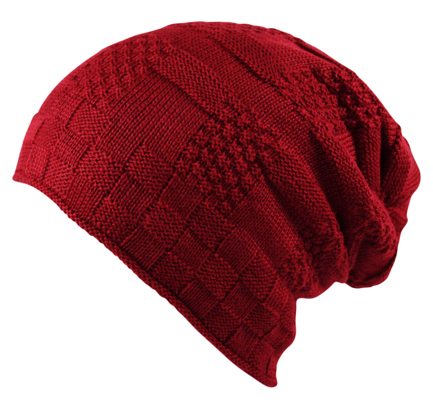 Unisex Waffle Knit Slouch Wool Beanie Hat Mix Fleece Lined in Burgundy