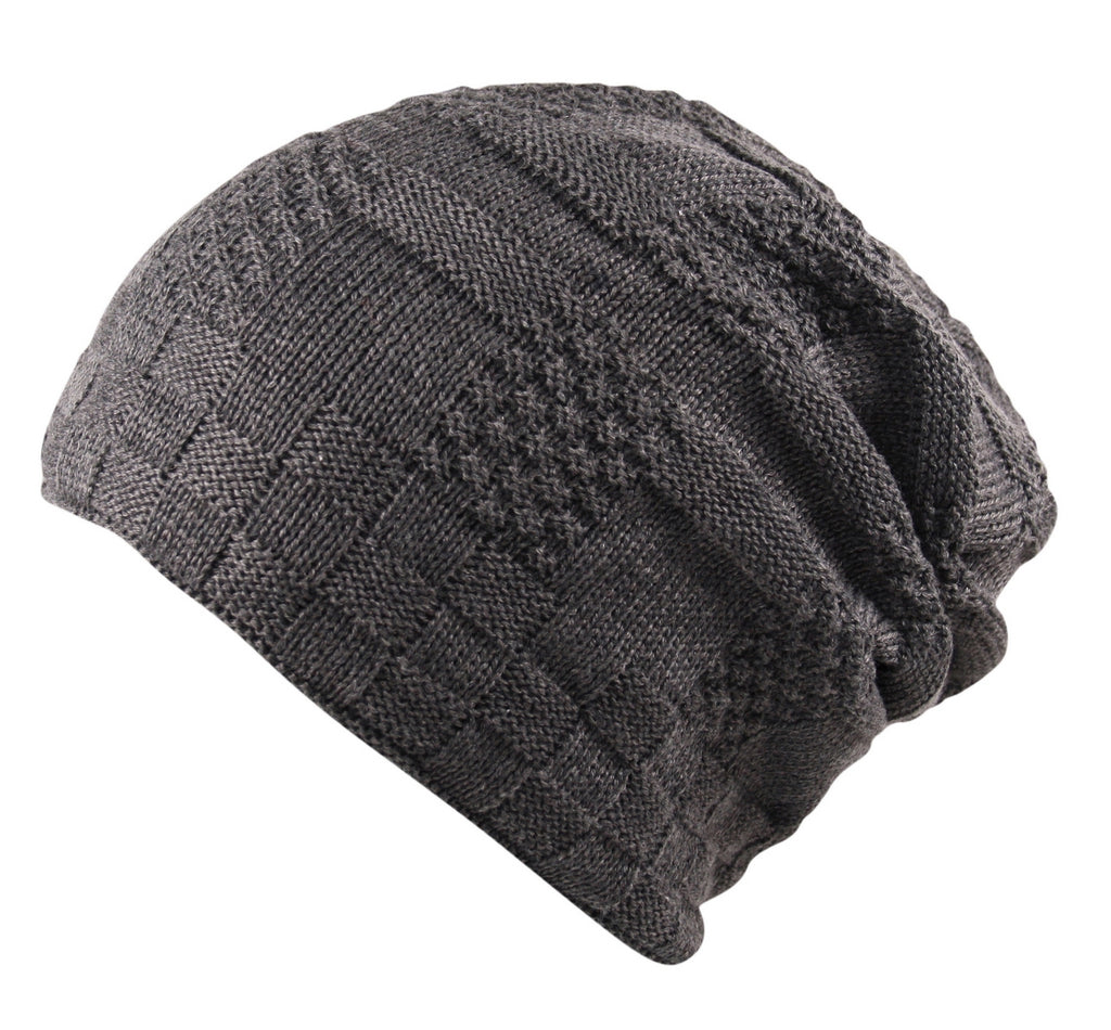 Unisex Waffle Knit Slouch Wool Beanie Hat Mix Fleece Lined in Grey