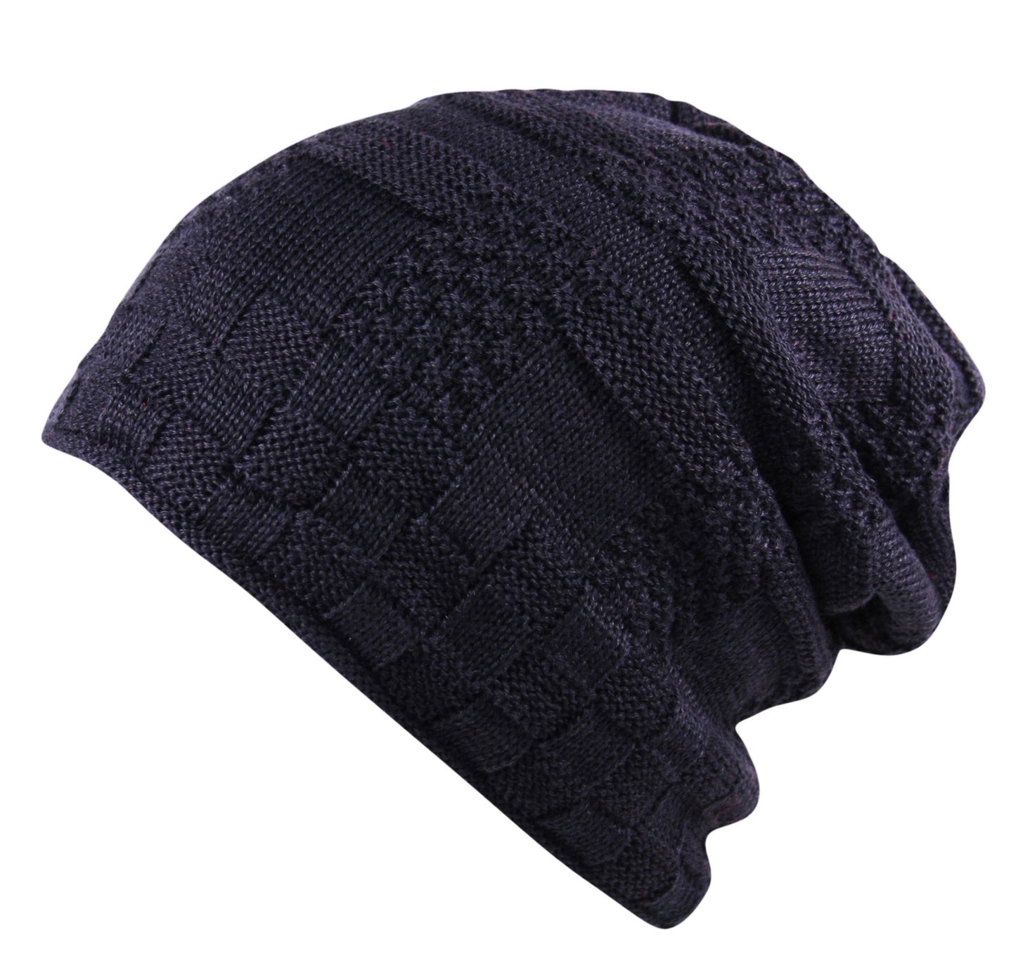 Unisex Waffle Knit Slouch Wool Beanie Hat Mix Fleece Lined in Navy
