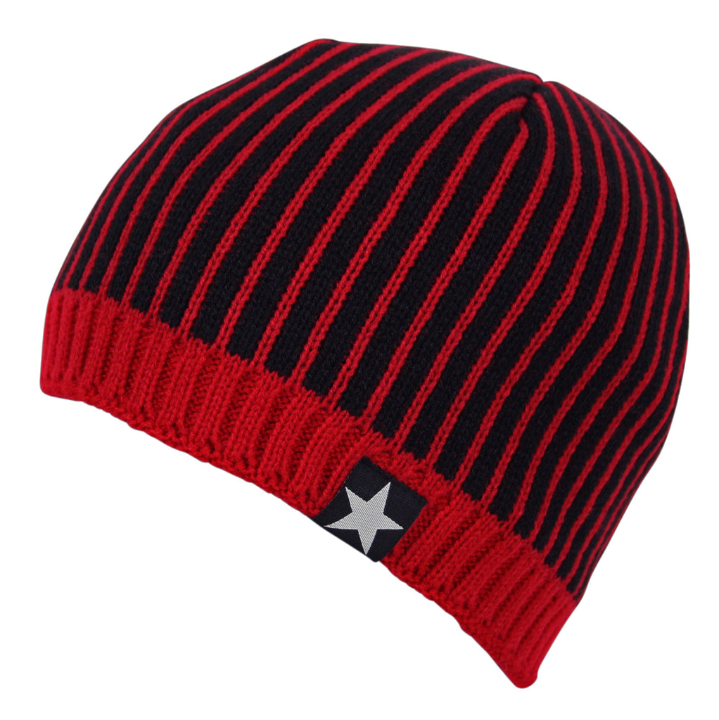 Striped Fleece Star Chunky Knit Beanie Hat in Red Black