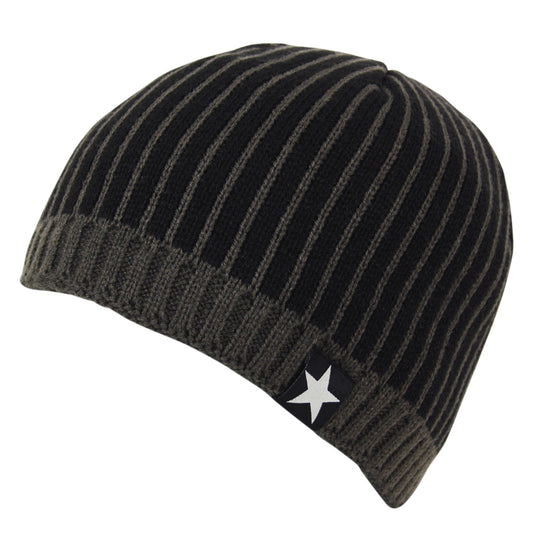 Striped Fleece Star Chunky Knit Beanie Hat in Charcoal Black