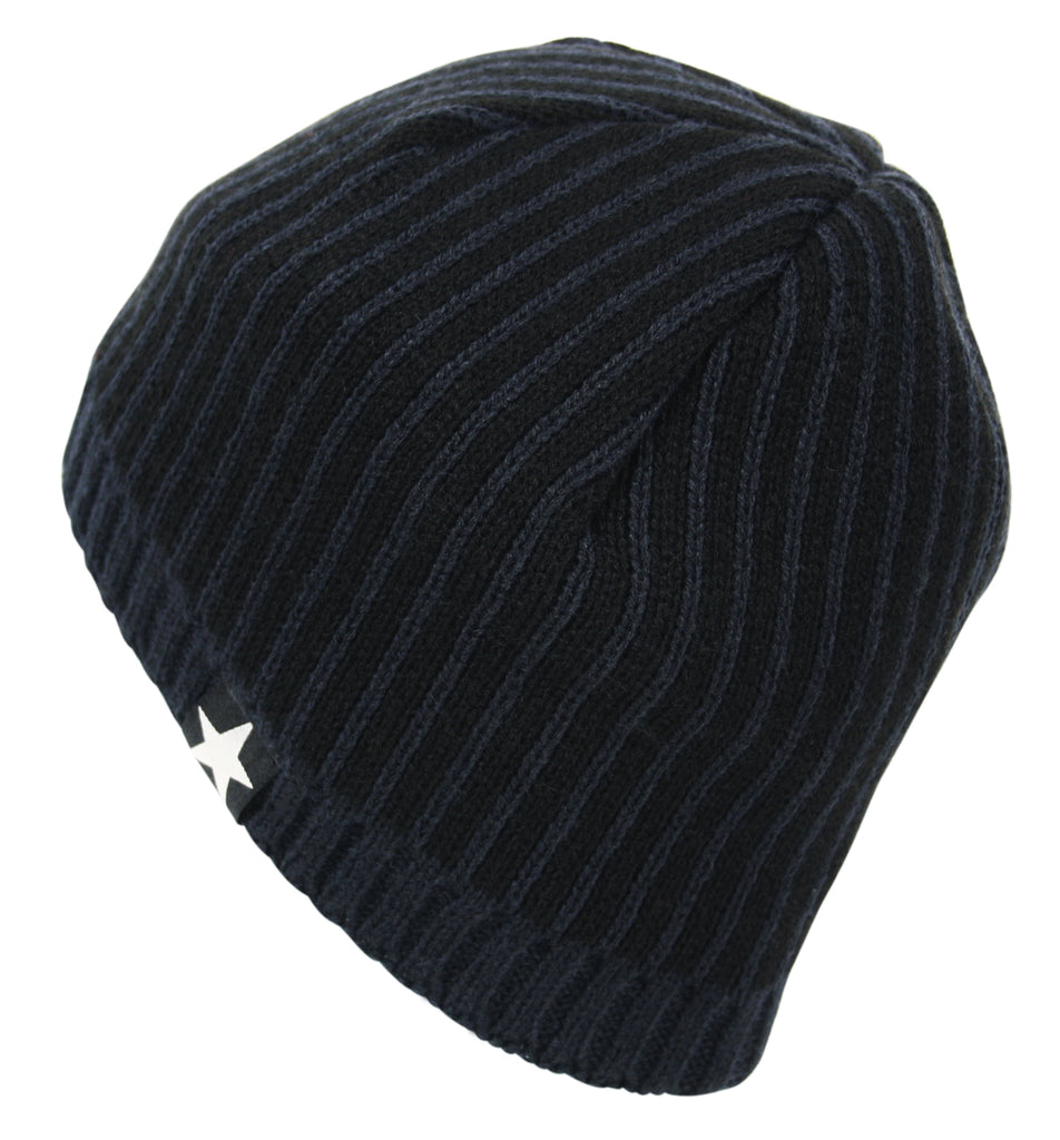 Striped Fleece Star Chunky Knit Beanie Hat in Navy Black