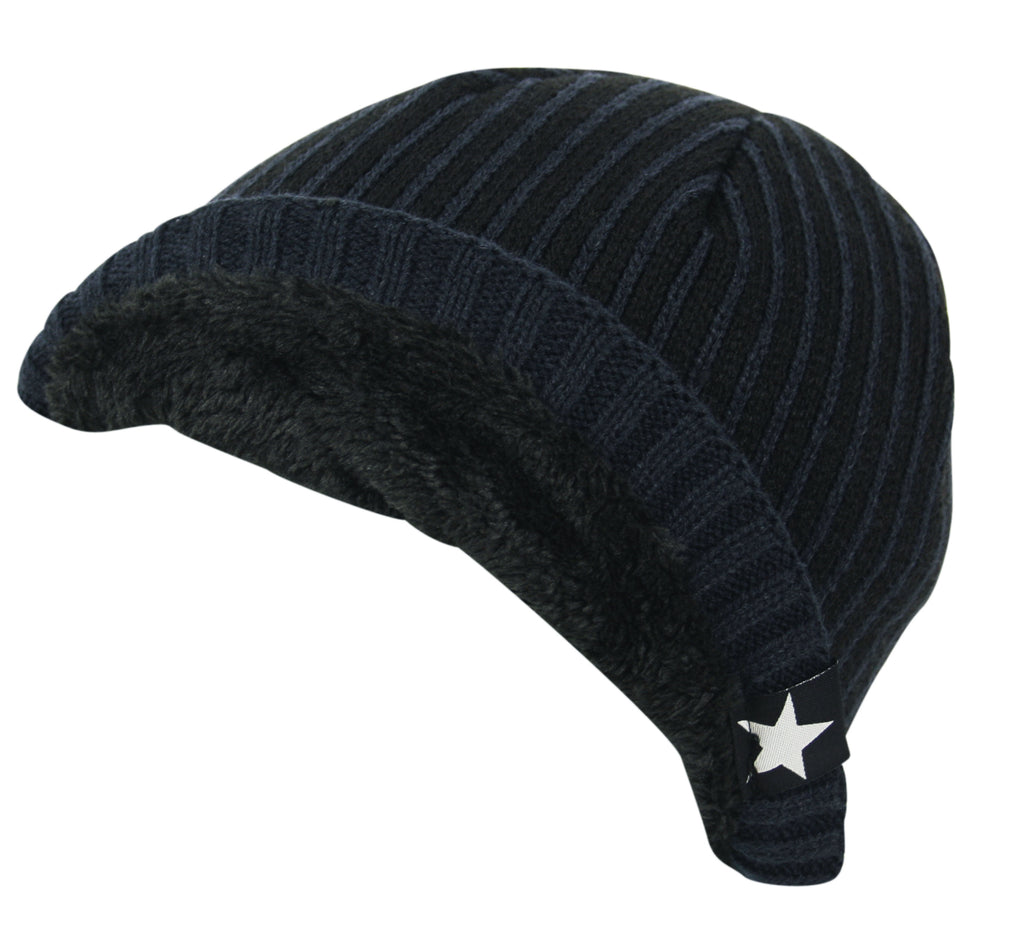 Striped Fleece Star Chunky Knit Beanie Hat in Navy Black