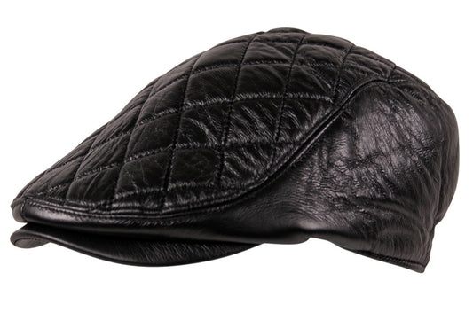 Quilted Check Faux Leather Flat Cap in Black