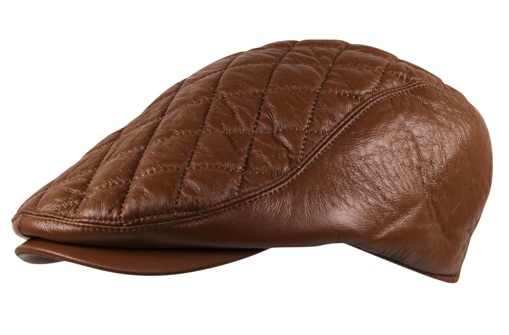 Quilted Check Faux Leather Flat Cap in Brown