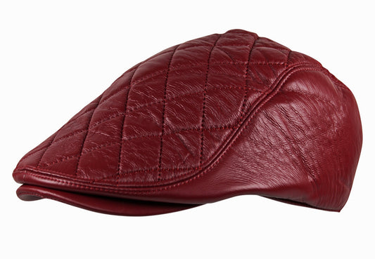 Quilted Check Faux Leather Flat Cap in Maroon