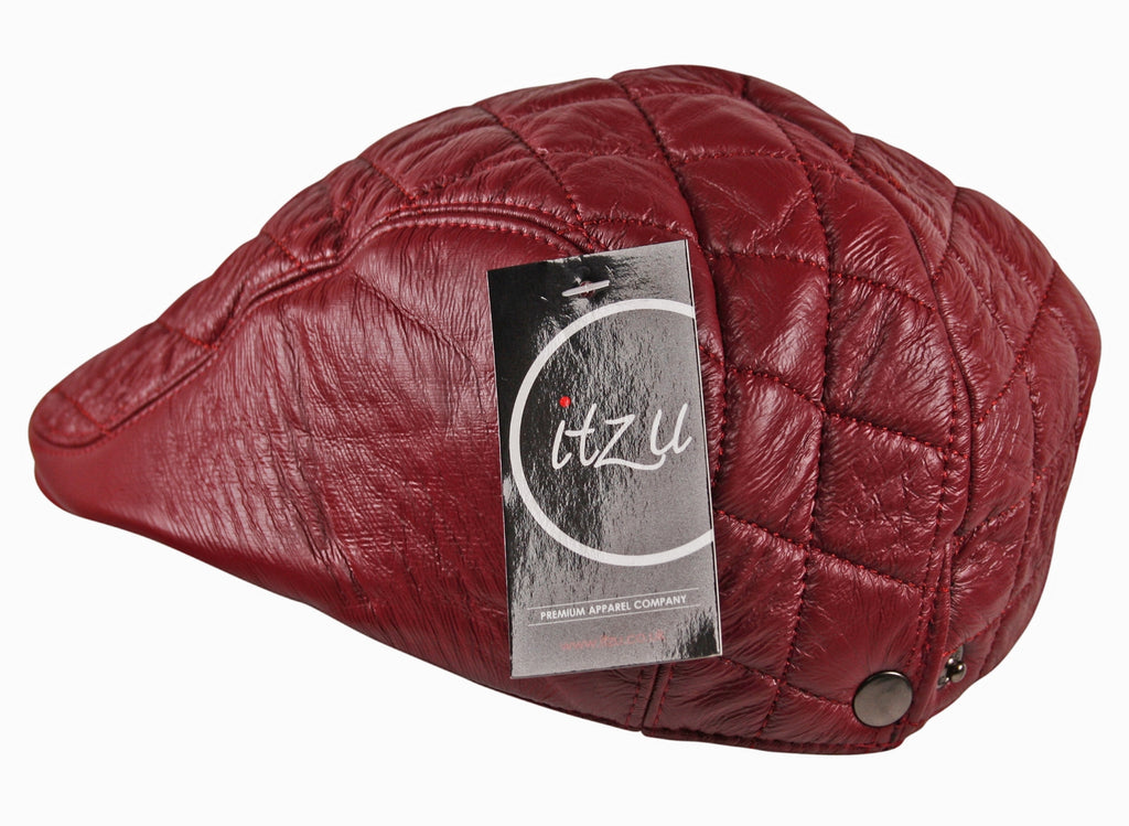 Quilted Check Faux Leather Flat Cap in Maroon