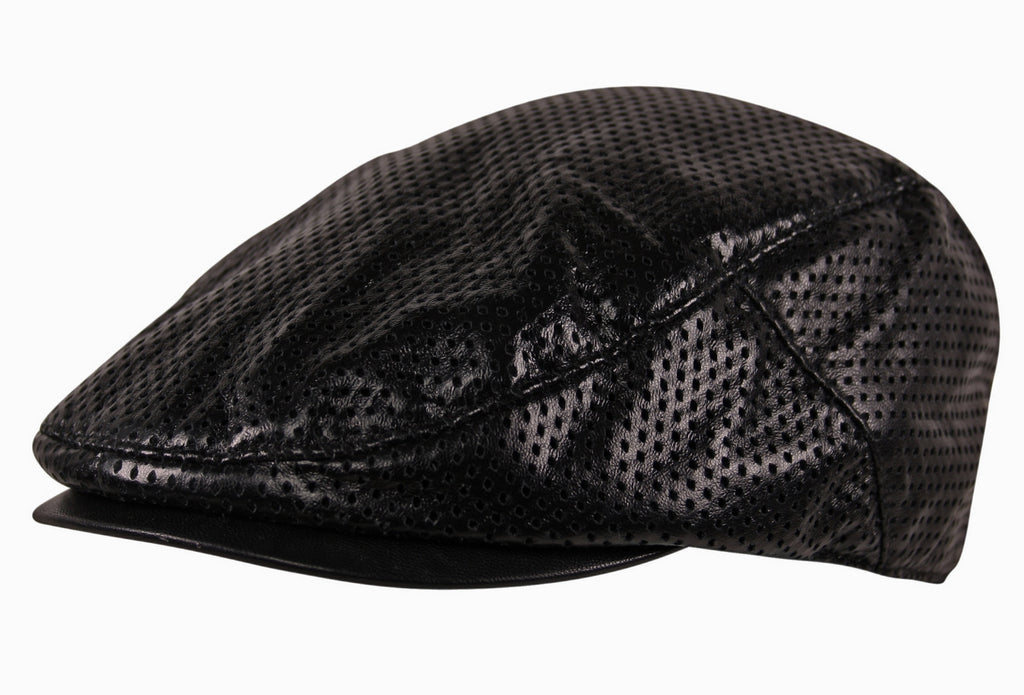 Perforated Faux Leather Flat Cap in Black