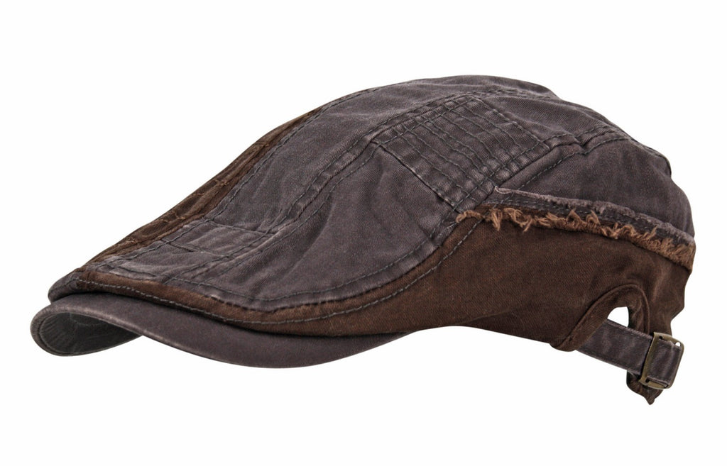 Distressed Patchwork Flat Cap in Huskey Grey Brown