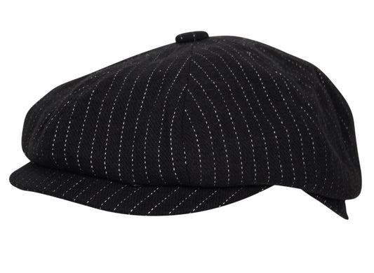 8 Panel Newsboy Flat Cap Hat Gatsby Pinstripe Black
