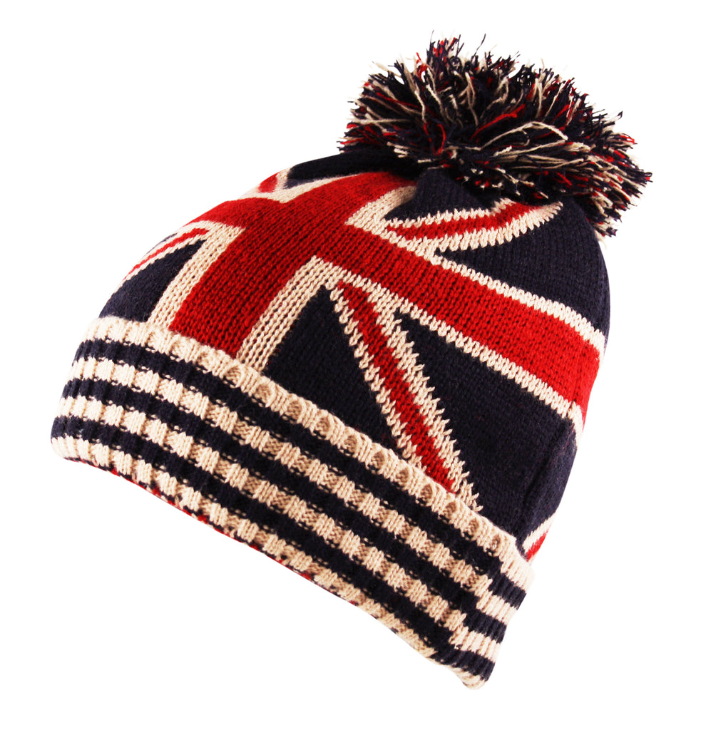 Union Jack Knit Beanie Hat Bobble Pom Pom in Navy Red Cream