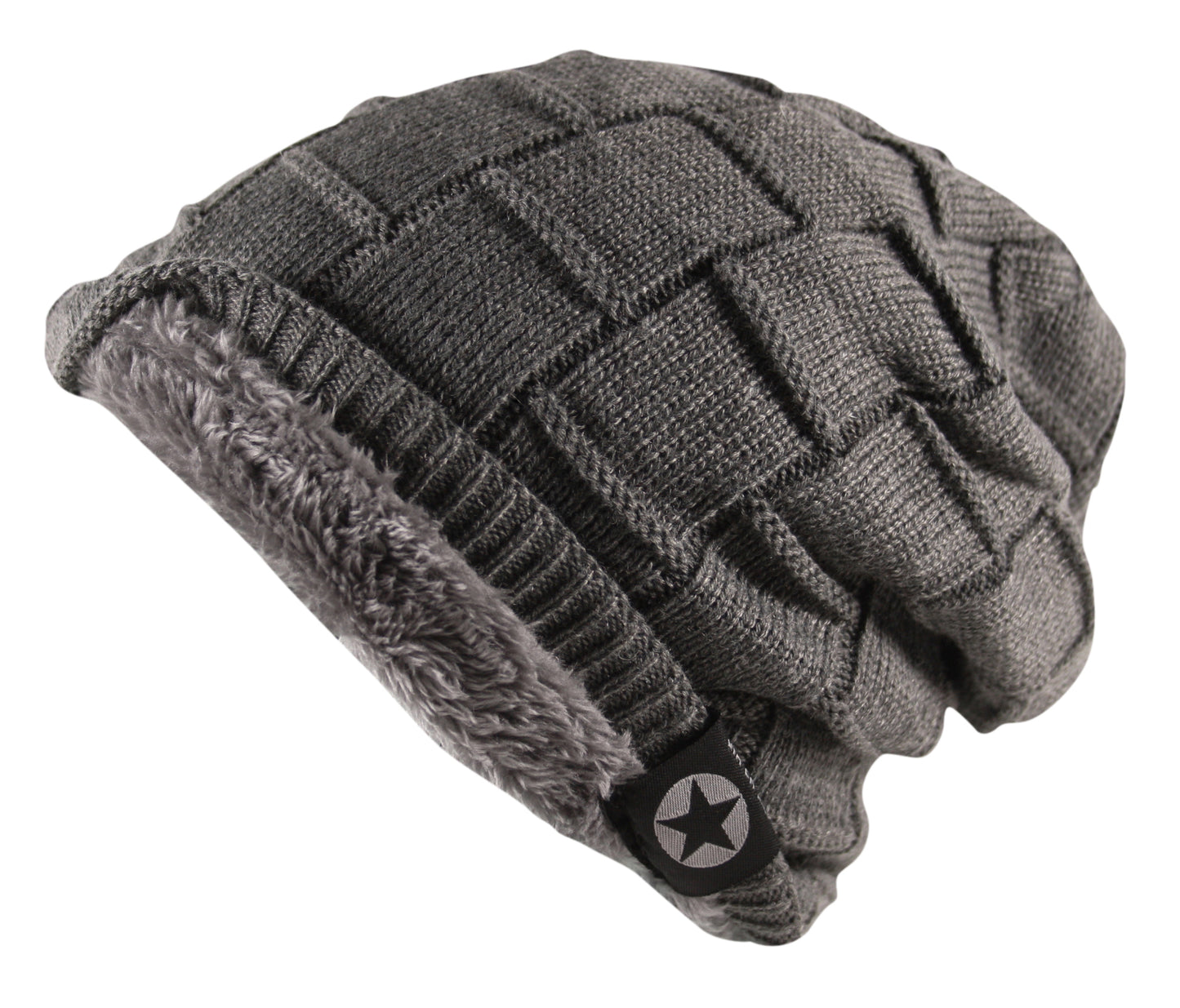 Unisex Cable Knit Textured Slouch Beanie Hat Ski Fleece Lined Wool Grey