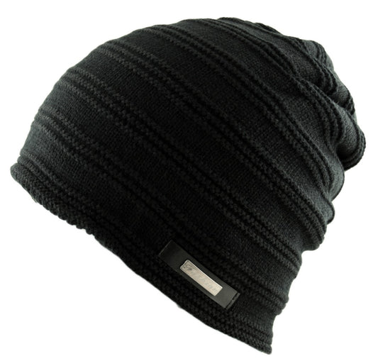 Ribbed Knit Beanie Hat Cap Faux Fur Warm Wool Rich Black