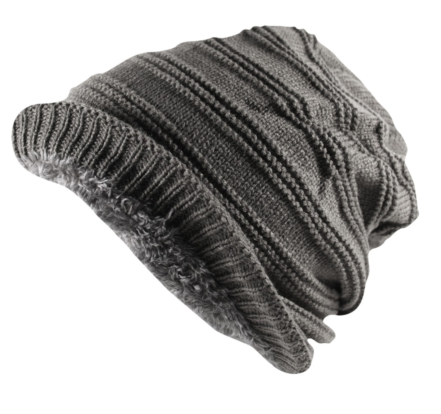 Ribbed Knit Beanie Hat Cap Faux Fur Warm Wool Rich Grey